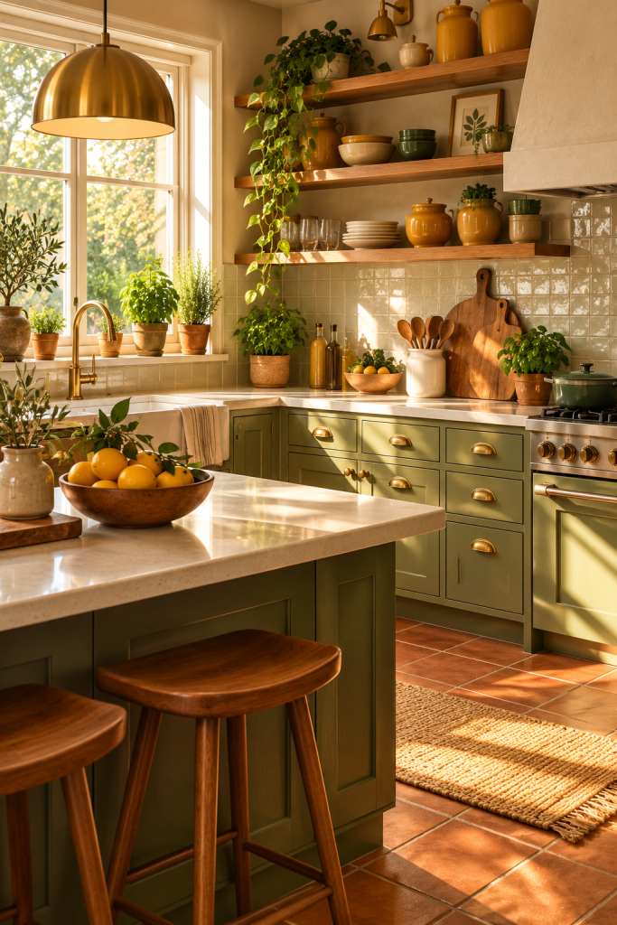 Avocado green retro kitchen with wood counters and vintage accessories