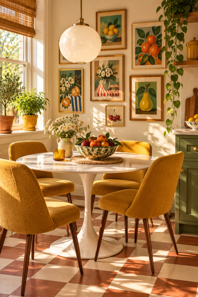 Mid-century retro breakfast nook with round table and tulip chairs