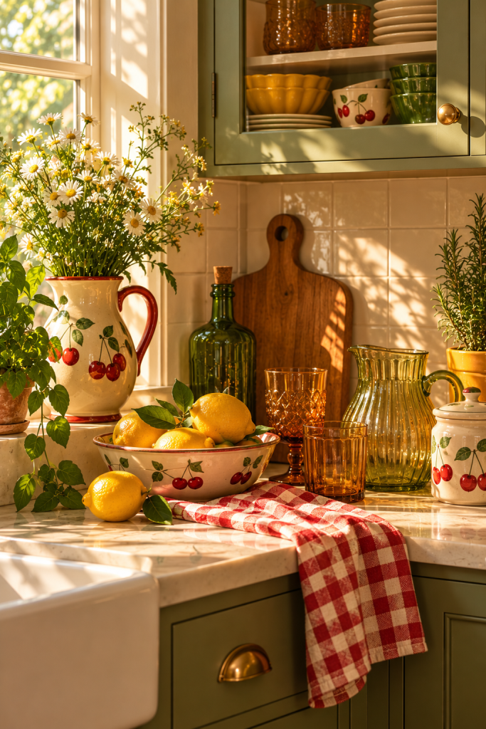 Colored vintage glassware on a retro kitchen counter