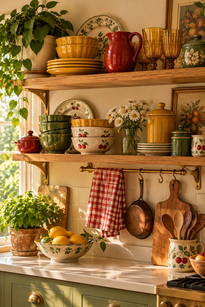 Vintage kitchen open shelf with gingham curtain and stacked dishes