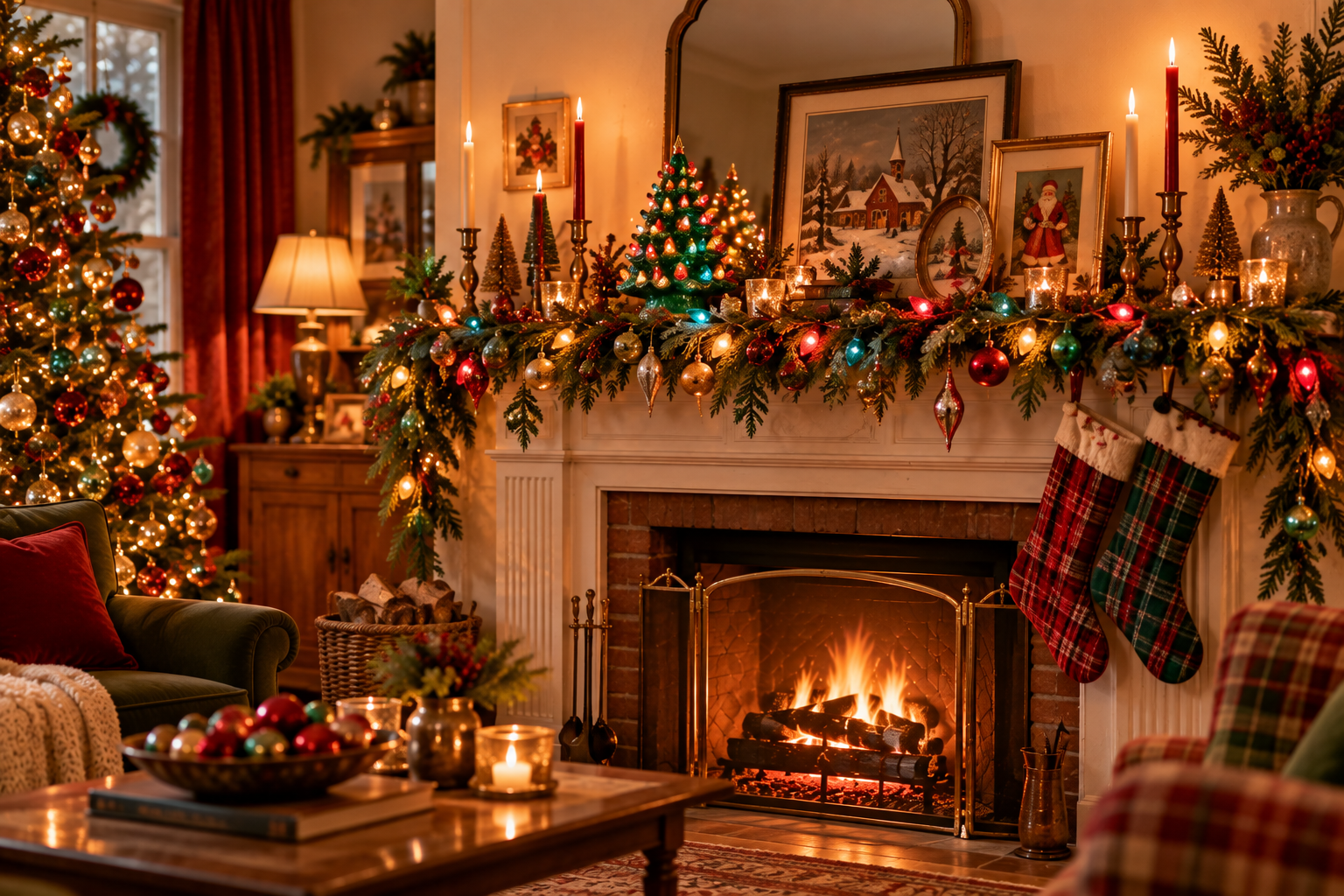 Vintage Christmas mantel with colorful glass ornaments, multicolor bulb lights, a glowing ceramic Christmas tree, brass candlesticks and plaid stockings