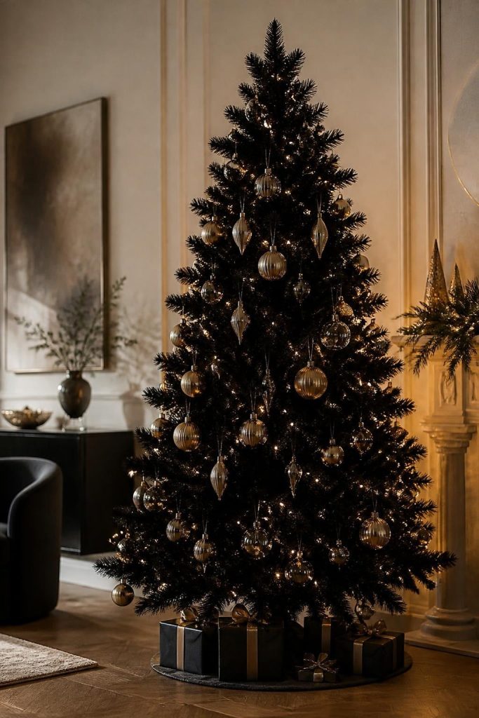 Black Christmas tree with brass ornaments and warm white lights