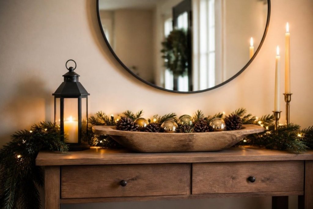Christmas console table with a round mirror above, a lit pine garland, a wooden dough bowl with pinecones, brass taper candles and a black lantern