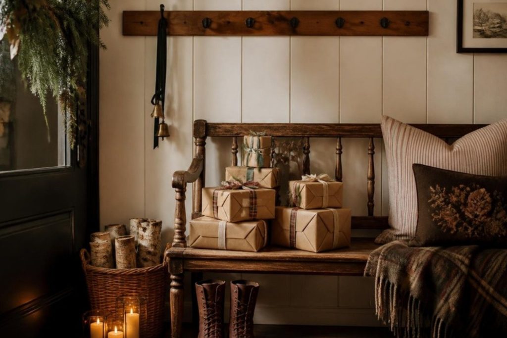 Vintage wooden entry bench with kraft paper wrapped gifts, a woven basket of birch logs, a brass sleigh bell hanging from a hook and warm candlelight in cream and gold tones