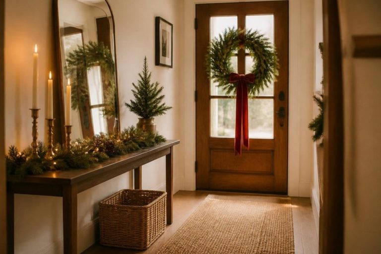 Cozy Christmas entryway with a greenery wreath and red velvet ribbon on a wooden front door, a narrow console table with a lit pine garland, brass candlesticks and a small potted tree, warm golden light