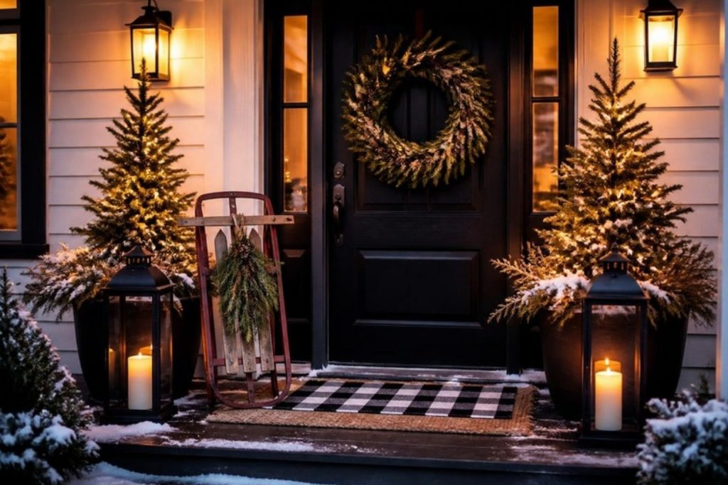 Festive front porch at dusk with a large wreath on a dark door, two pre-lit potted trees, glowing lanterns and a buffalo check doormat layered over jute