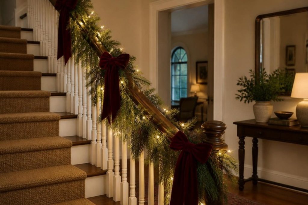 Staircase banister in a home entry wrapped in a full pine garland with warm white fairy lights and red velvet bows, cream walls and warm evening light