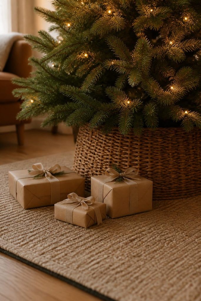 Christmas tree with woven basket collar and kraft-wrapped gifts underneath