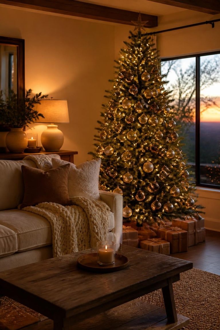 Styled Christmas tree with warm white lights in a cozy living room