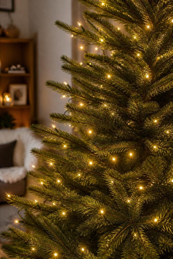 Christmas tree wrapped with warm white lights from trunk to tips