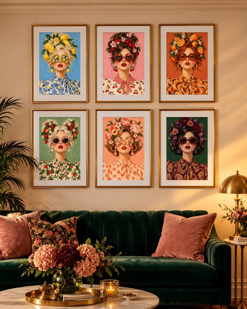 Colorful retro fruit art gallery wall in a vintage kitchen