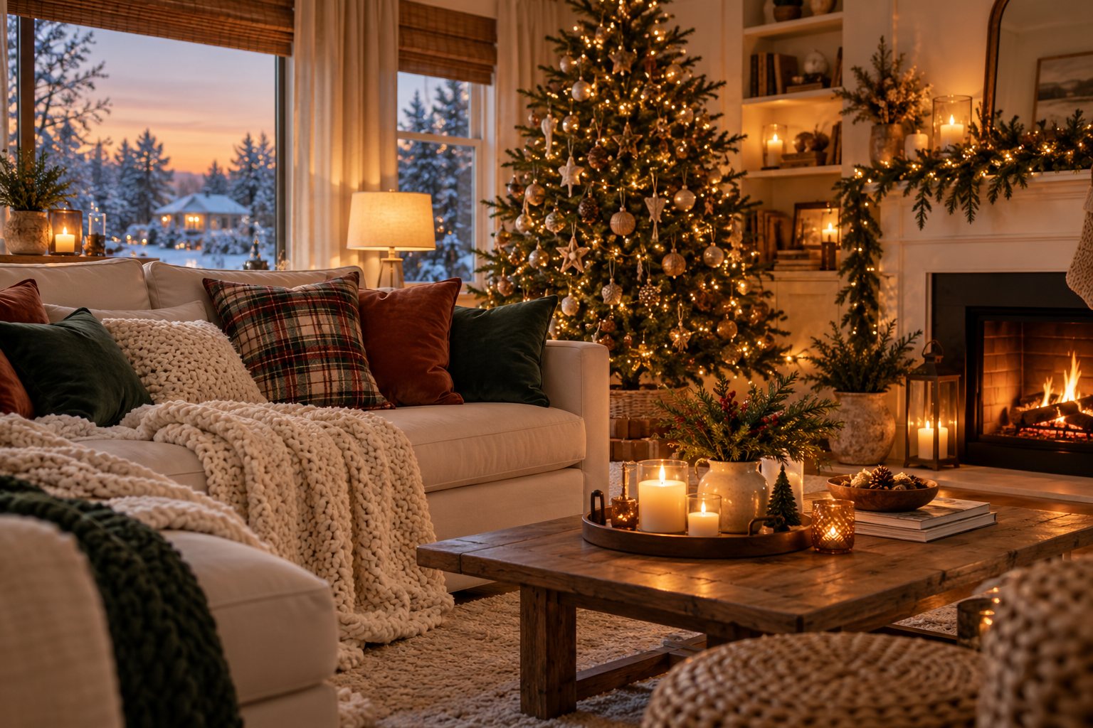 Cozy Christmas living room at dusk with a lit Christmas tree, crackling fireplace, cream sofa layered with knit throws and plaid pillows
