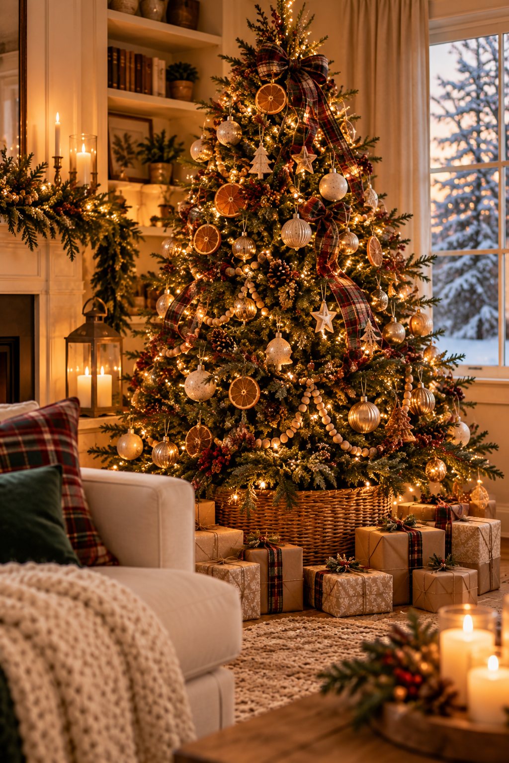 Natural Christmas tree decorated with warm white lights, dried orange slices and cream ornaments, with kraft paper gifts in a woven basket
