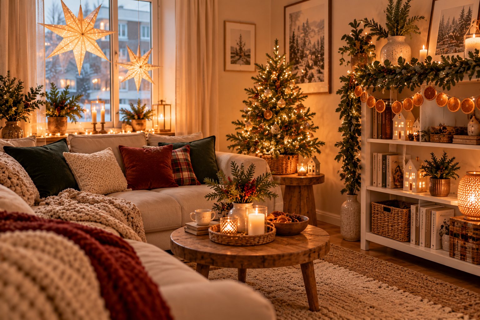 Small Christmas living room with paper star lanterns in the window, dried orange garland on a bookshelf and a tabletop Christmas tree