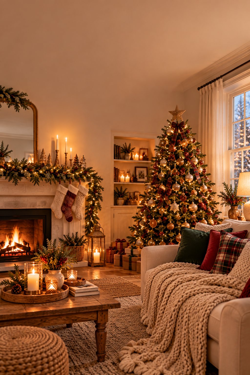 Cozy Christmas fireplace mantel with greenery garland, candles and knit stockings next to a decorated Christmas tree