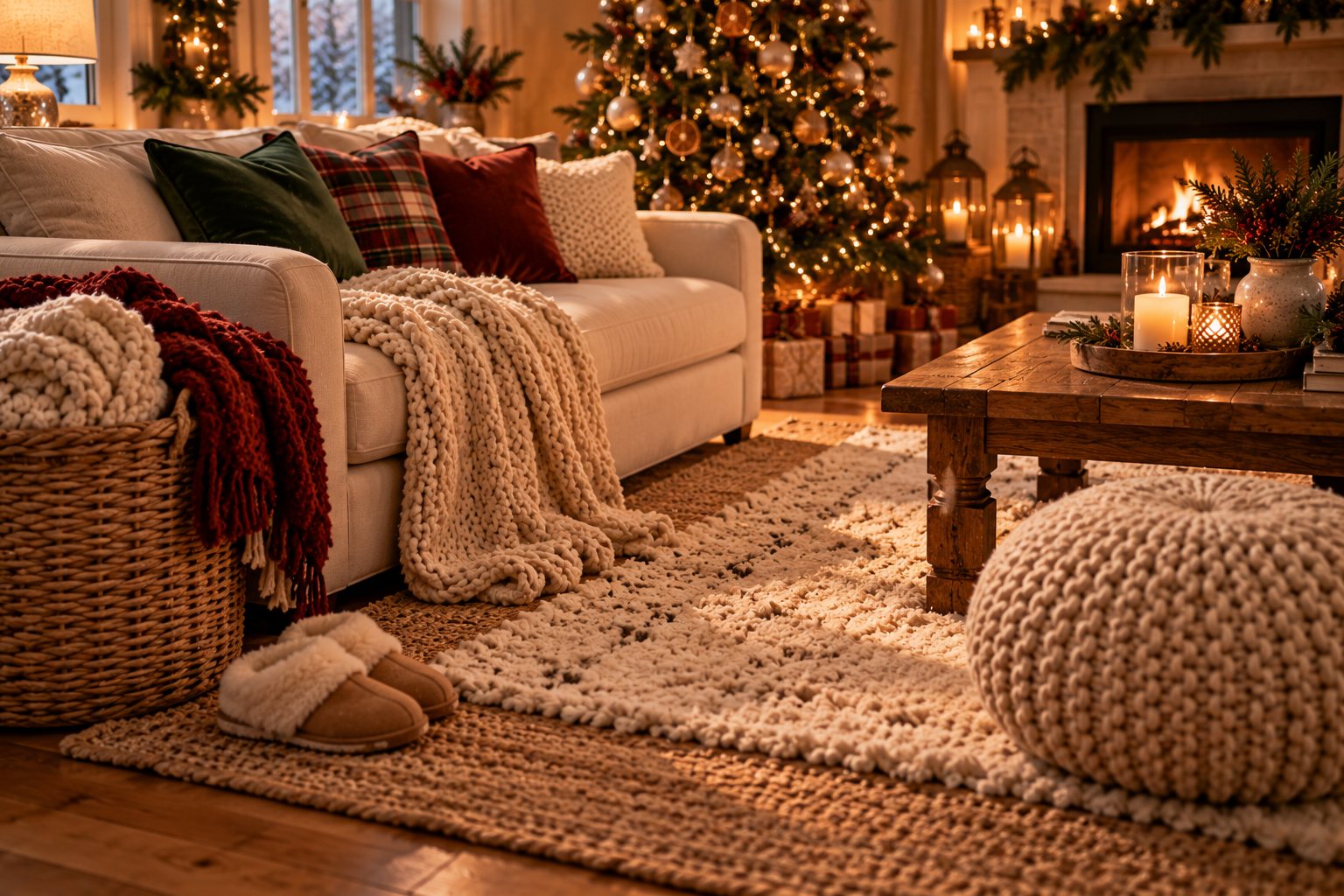 Layered jute and cream wool rugs with a chunky knit pouf, cozy slippers and a basket of throw blankets in a Christmas living room