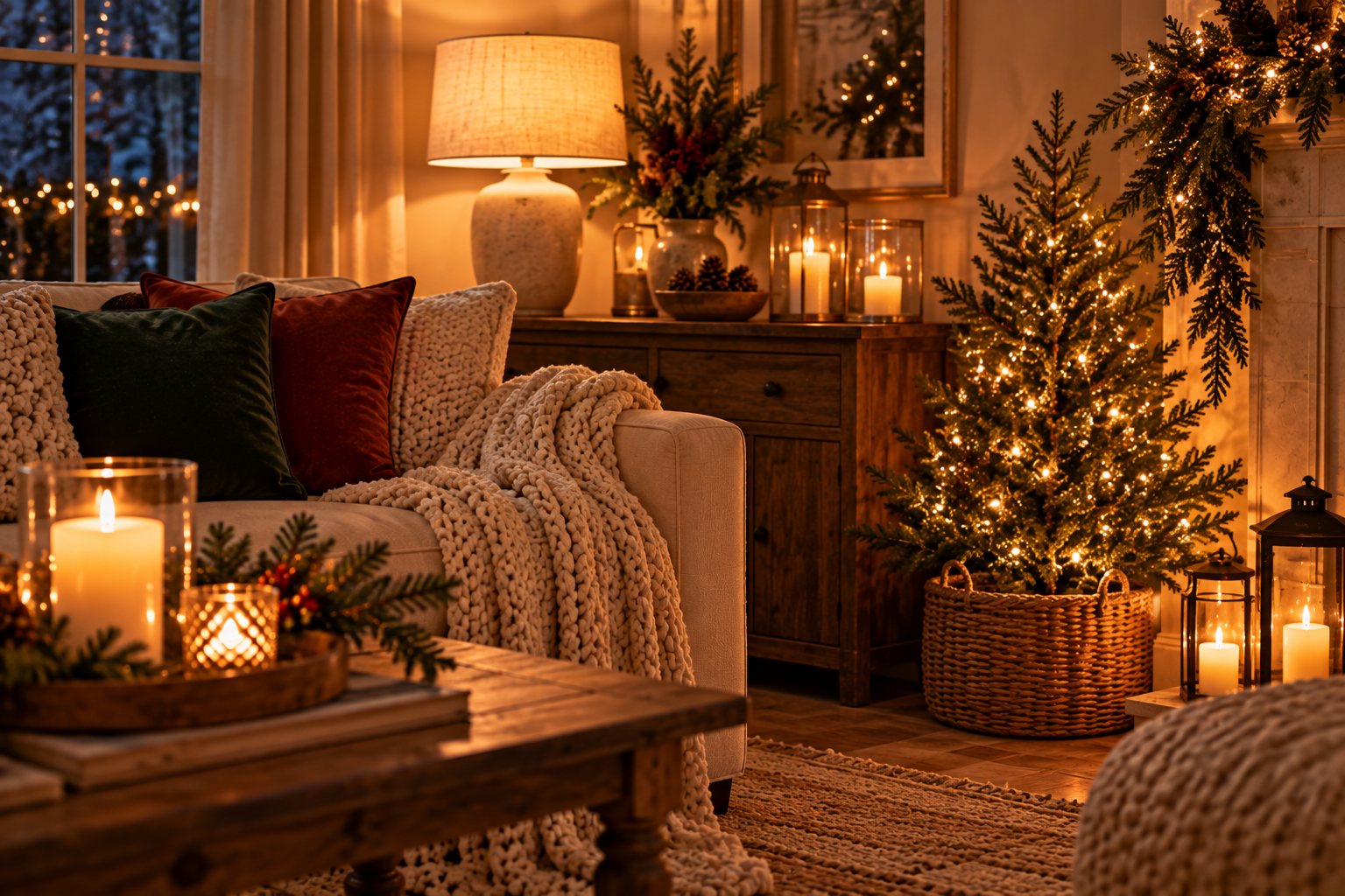 Christmas living room corner lit by a linen table lamp, candles in glass hurricanes and a small pine tree with string lights