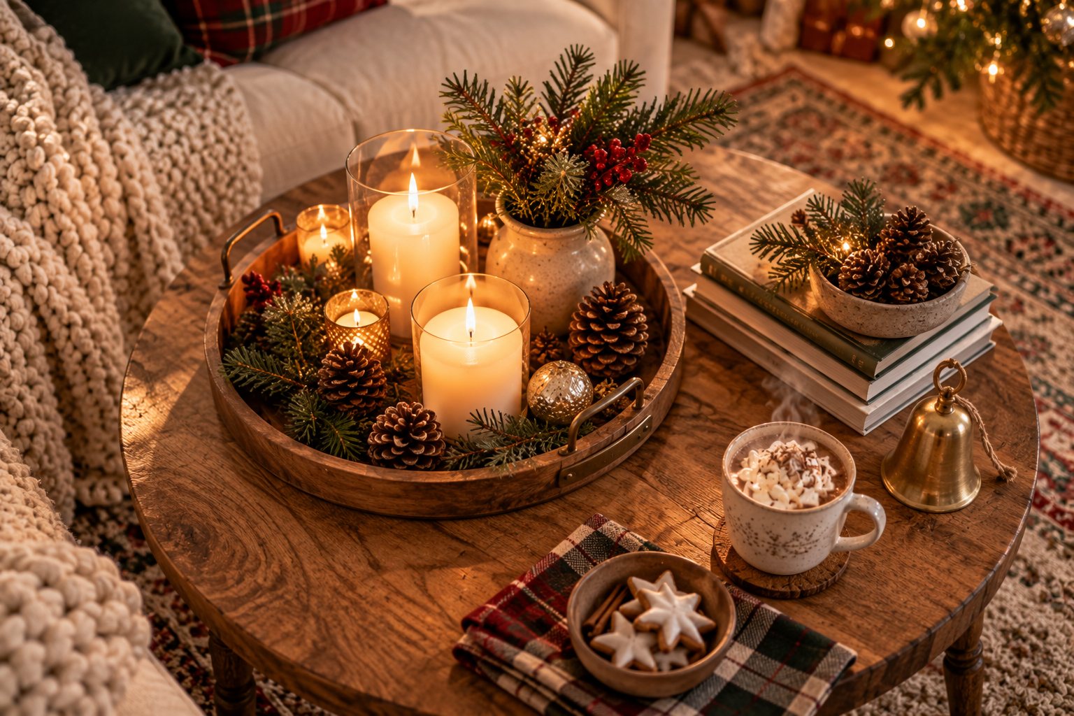 Wooden coffee table styled for Christmas with a tray of pillar candles, pine sprigs and pinecones