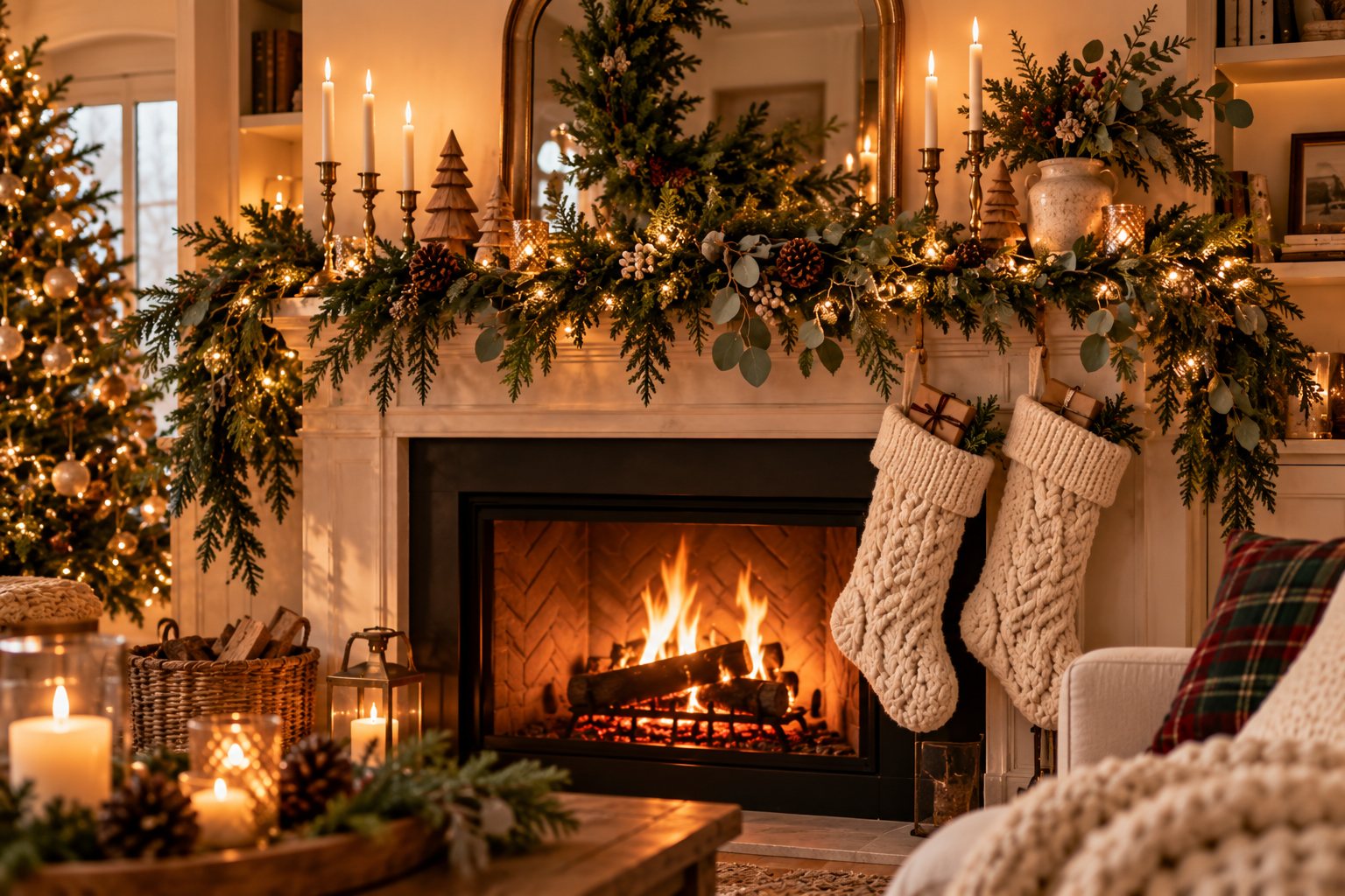 Lush pine and eucalyptus mantel garland with warm fairy lights, brass taper candlesticks and small wooden trees