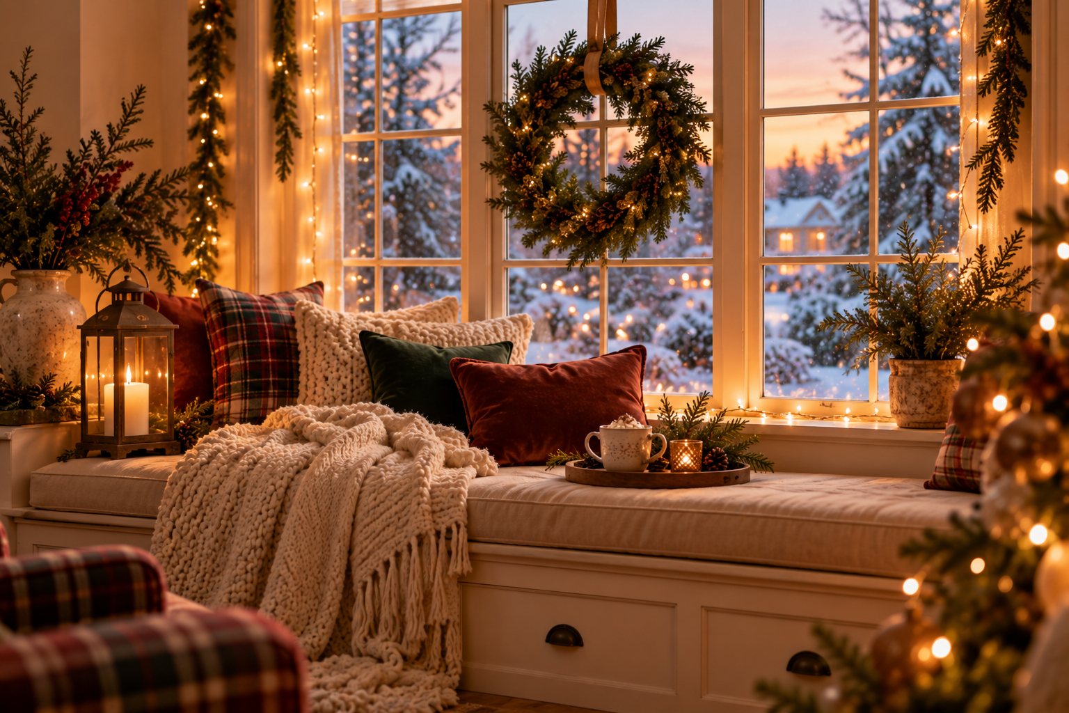 Cozy Christmas window with a simple greenery wreath, garland and warm string lights along the frame at dusk