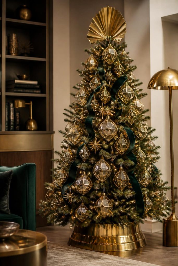 Neo Deco Christmas tree with geometric glass and brass ornaments