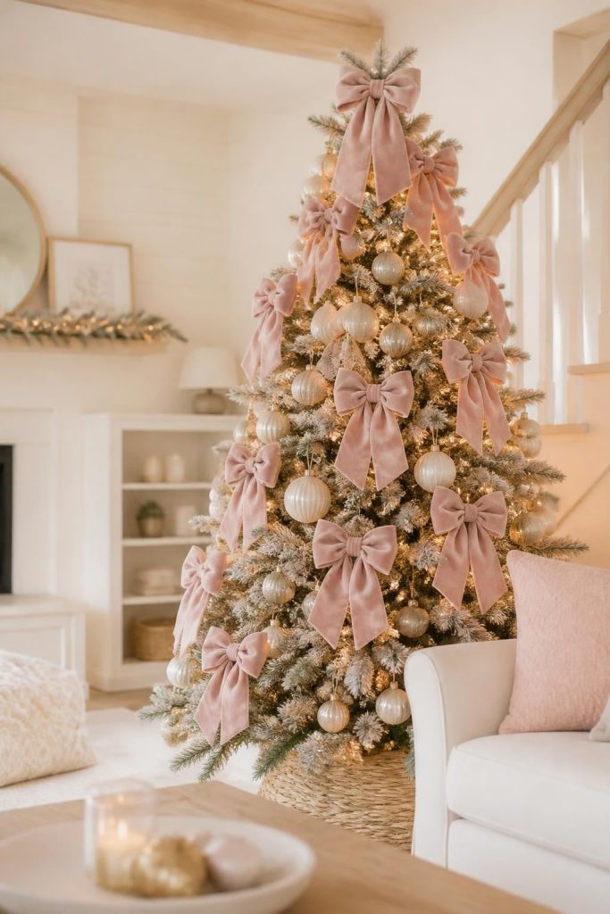 Christmas tree decorated with soft pink velvet bows and cream ornaments