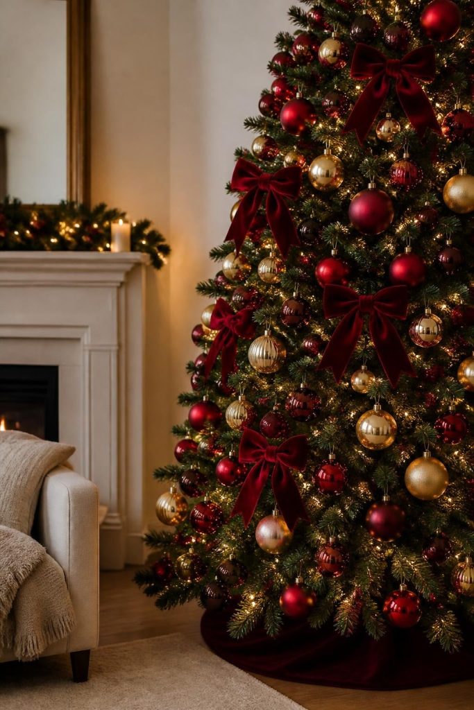 Red and gold Christmas tree with velvet bows and matte gold ornaments