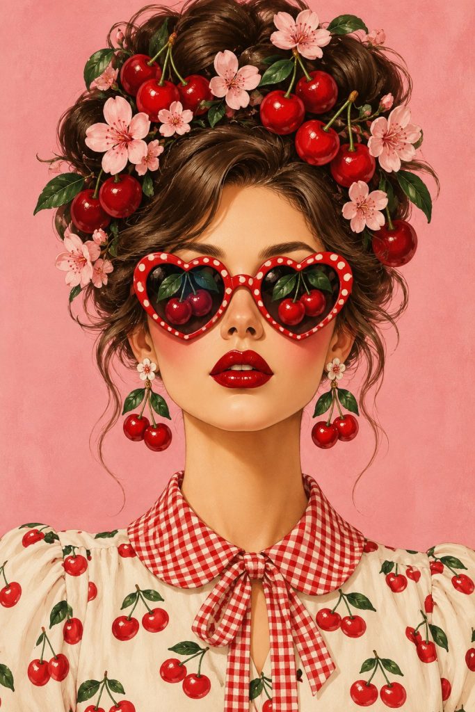 Retro cherry girl kitchen art print on a vintage kitchen wall