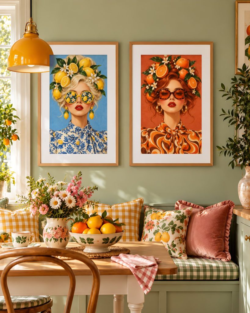 Retro fruit girl art prints in a cozy kitchen breakfast nook