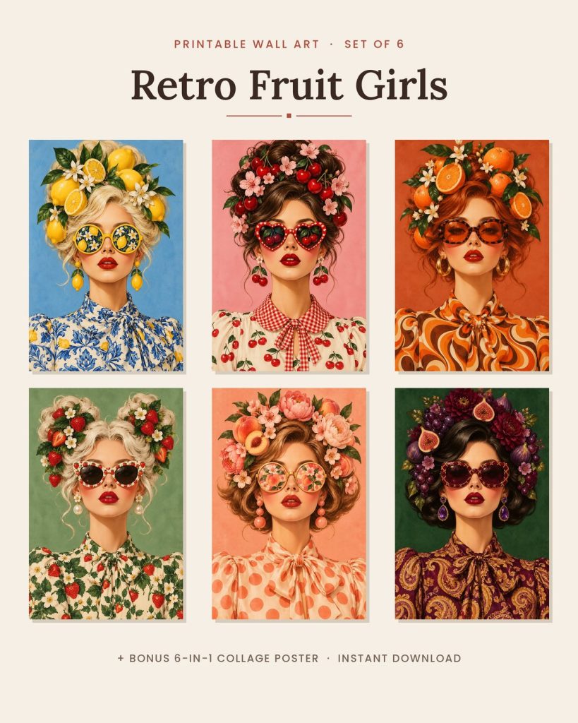 Retro Fruit Girls kitchen art prints set of 6