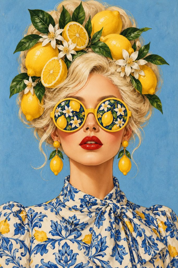 Retro lemon girl kitchen art print in a yellow vintage kitchen
