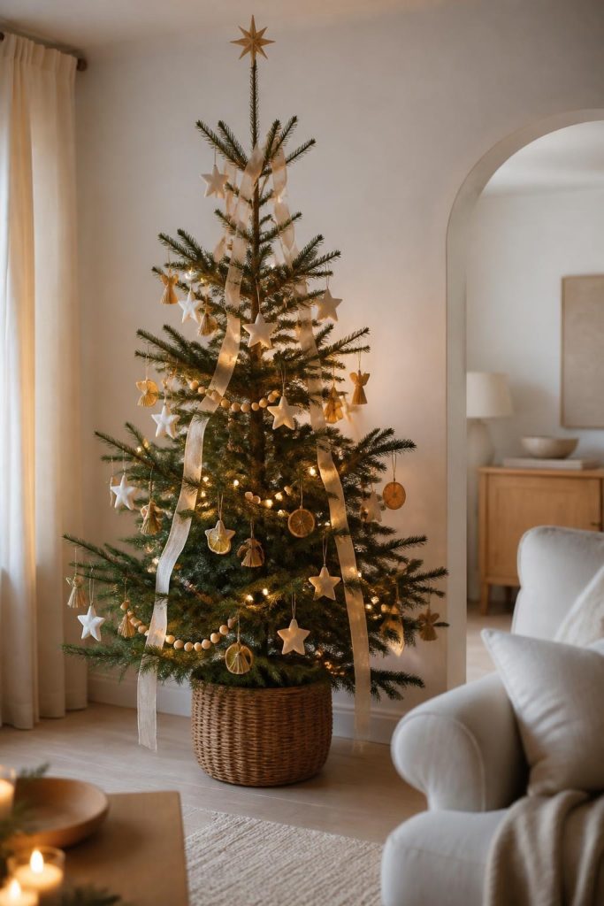 Scandi Christmas tree with wooden beads, paper stars and dried orange slices