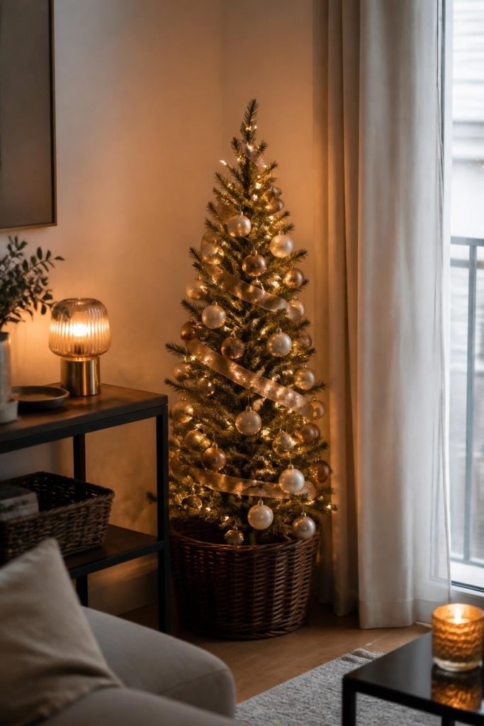 Slim pencil Christmas tree in a woven basket in a small living room