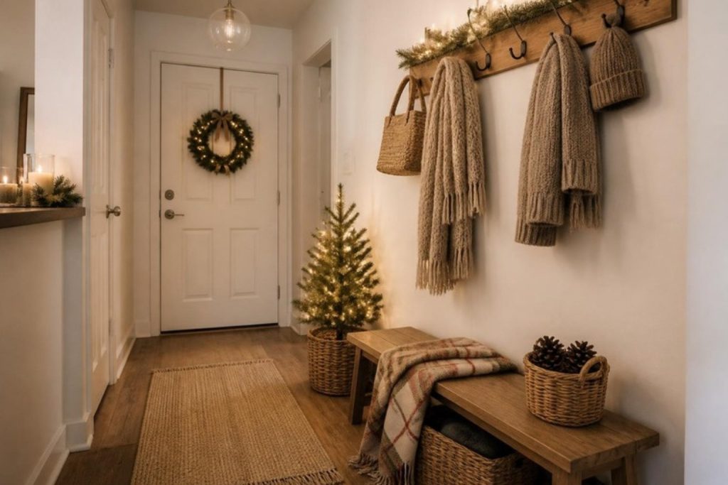 Small apartment entryway decorated for Christmas with a wall coat rack, knit scarves, a small wreath, a slim bench with a plaid throw, a basket of pinecones and a mini tree in a basket
