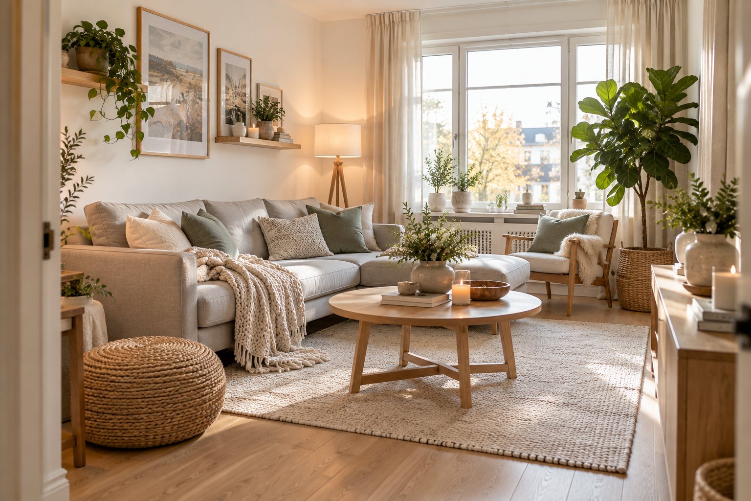 Bright small Scandinavian living room with a light gray sofa, round birch coffee table and tall fiddle leaf fig