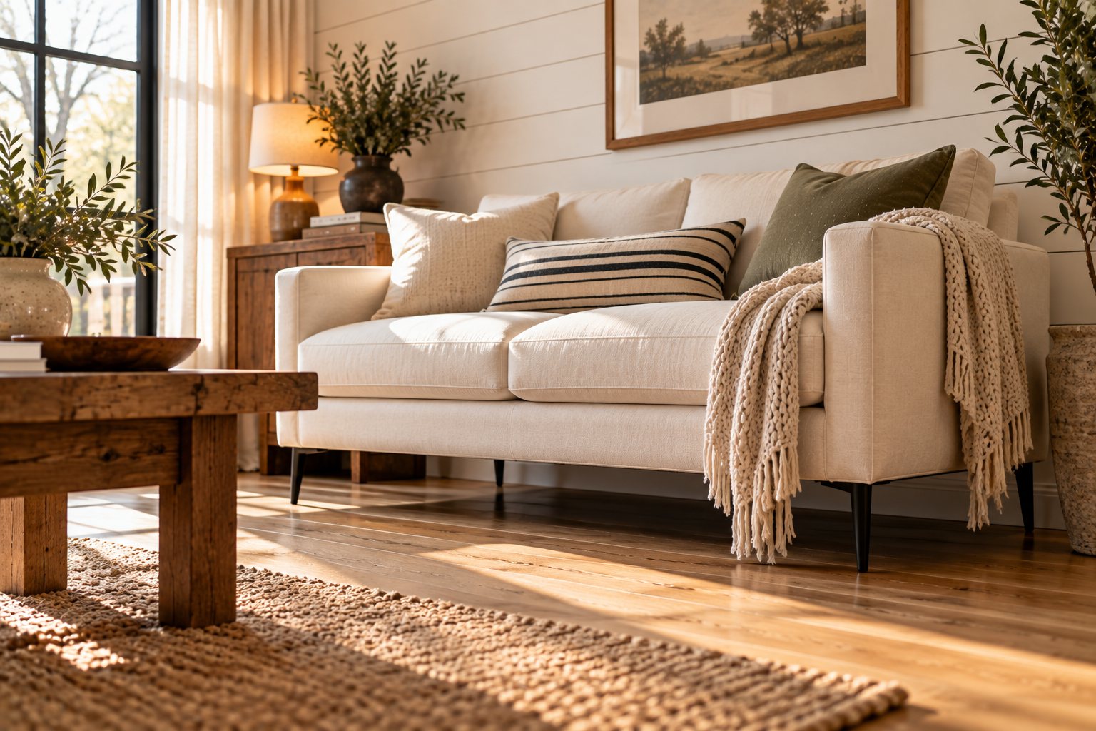 Cream linen loveseat with raised legs in a small modern farmhouse living room