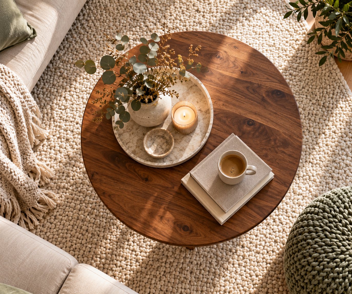 Overhead view of a round walnut coffee table with a tray, candle and coffee cup on a cream wool rug