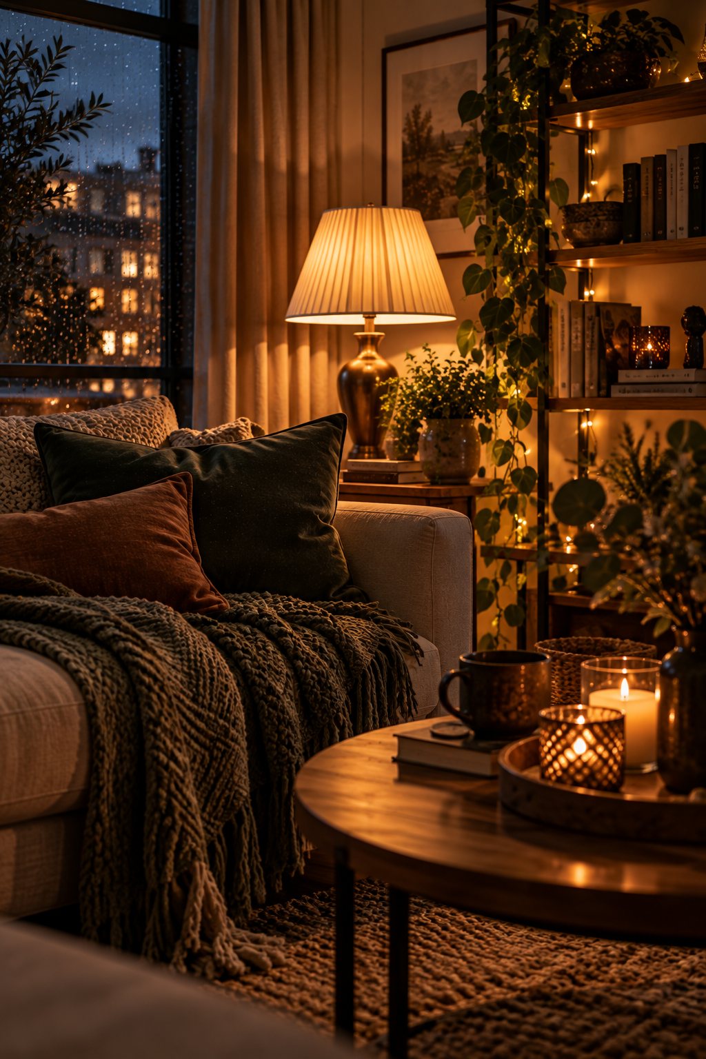 Cozy small living room corner in the evening lit by a brass table lamp and fairy lights