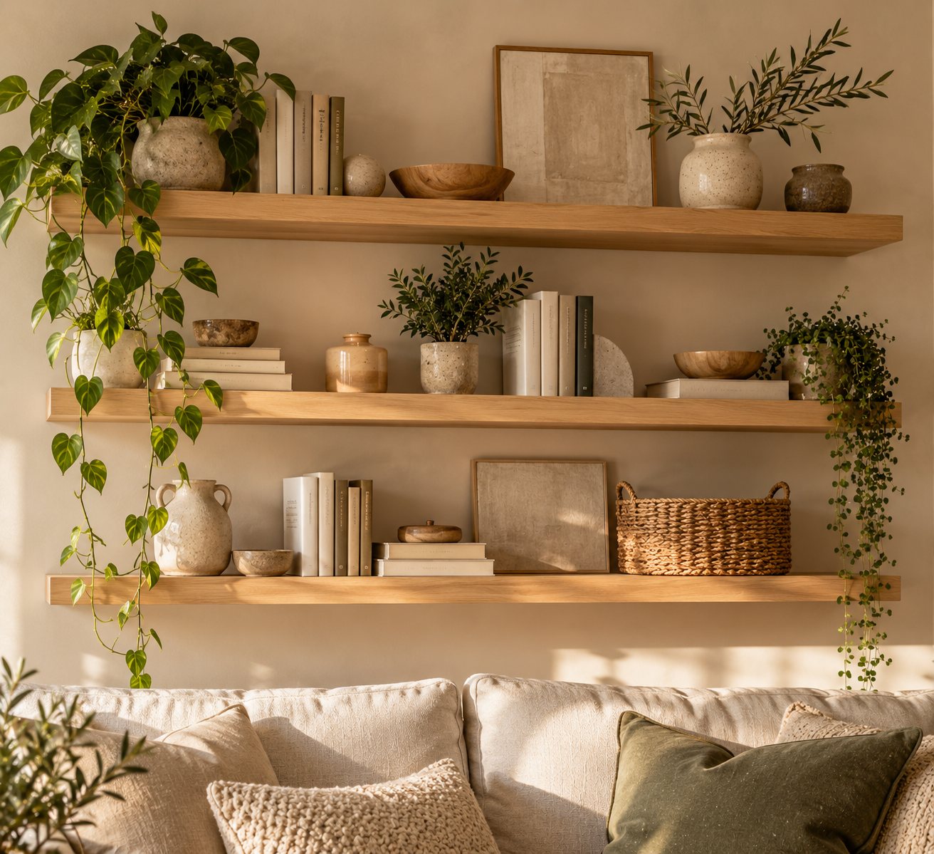 Light oak floating shelves styled with books, plants and ceramics above a sofa