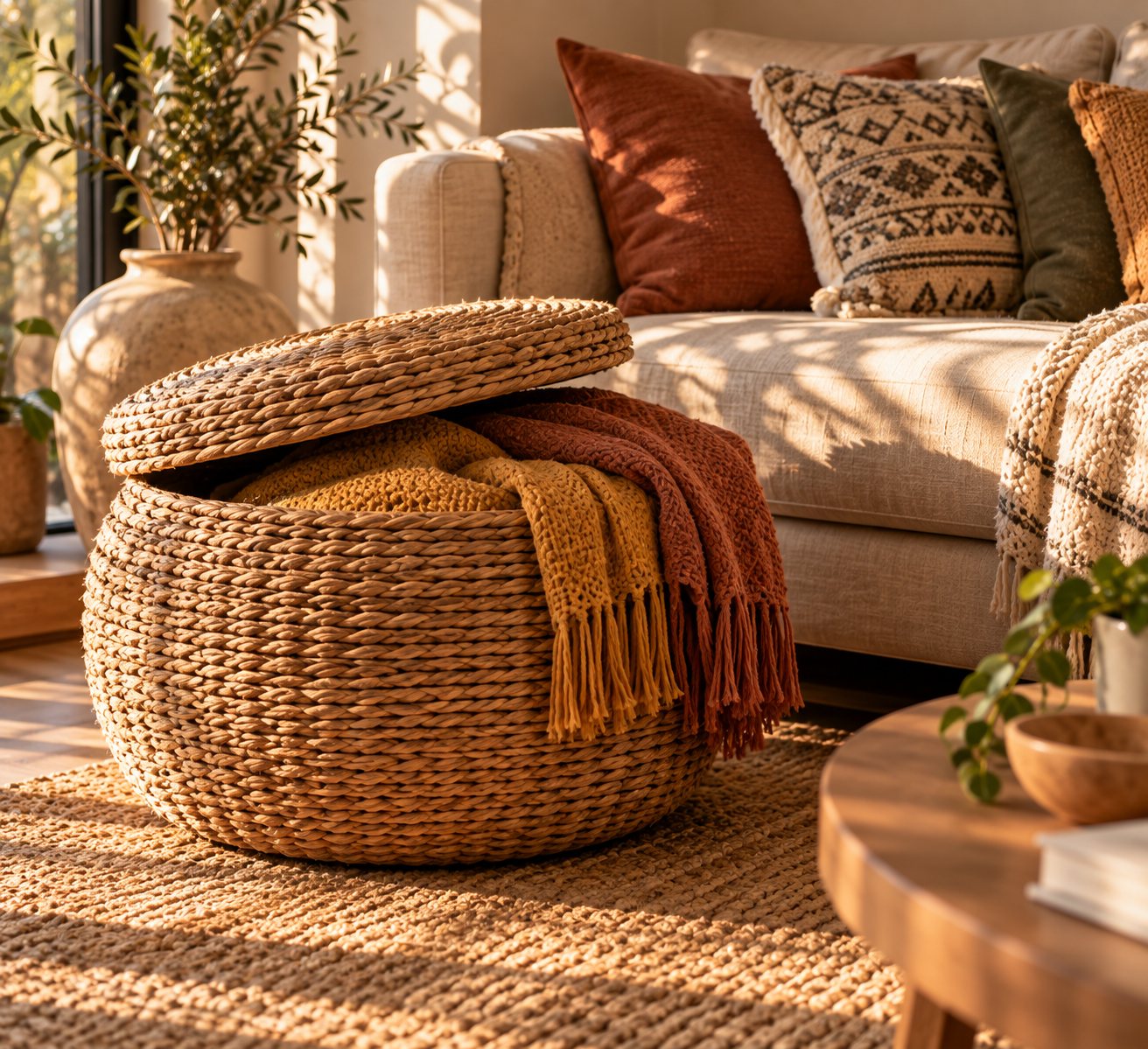 Rattan storage ottoman with folded throw blankets next to a boho sofa