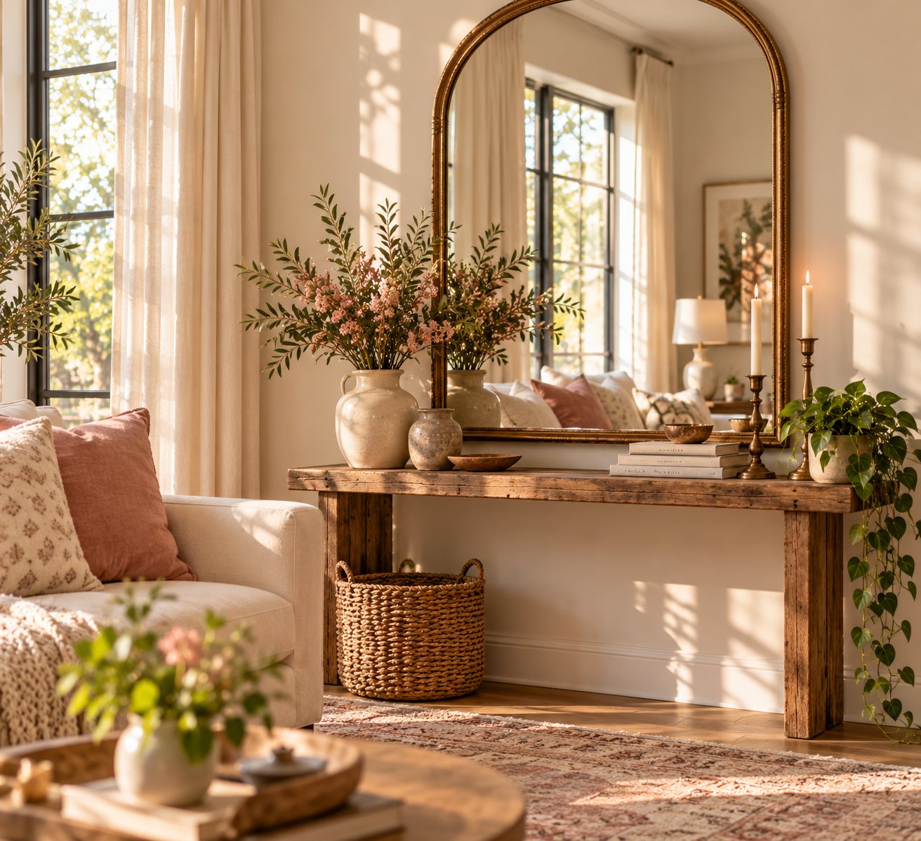 Arched mirror above a narrow wooden console table in a small bright living room