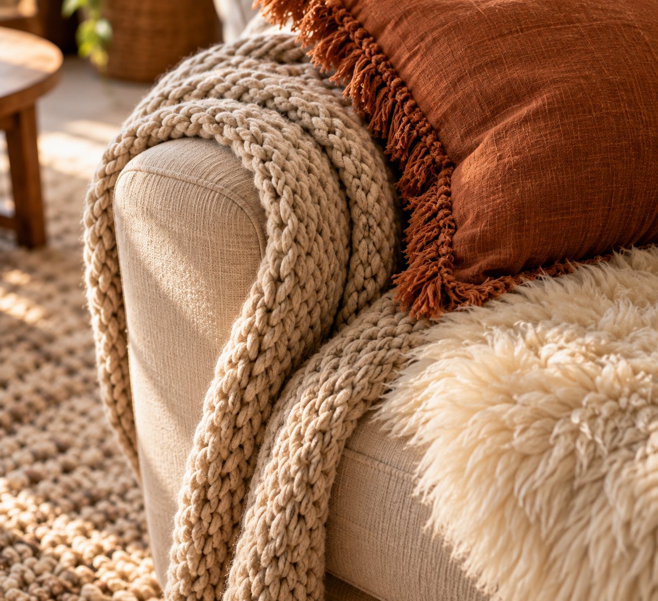 Close-up of a chunky knit throw, rust linen pillow and faux sheepskin on a sofa