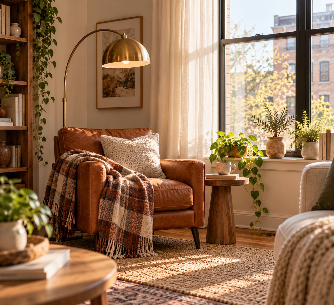 Tiny reading nook with a leather armchair, side table and floor lamp by a window
