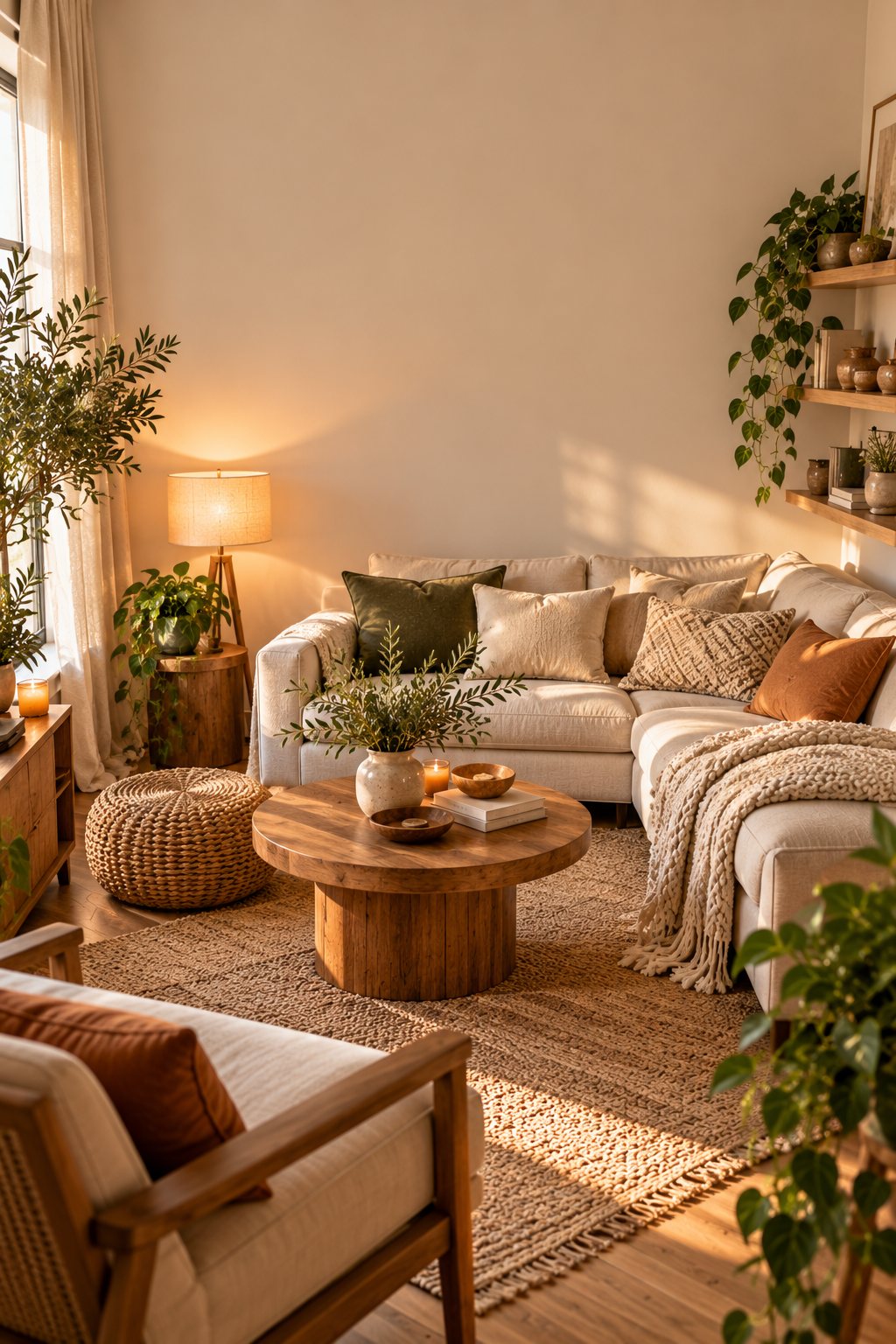 Cozy small living room with a light sofa, round coffee table, plants and warm lamp