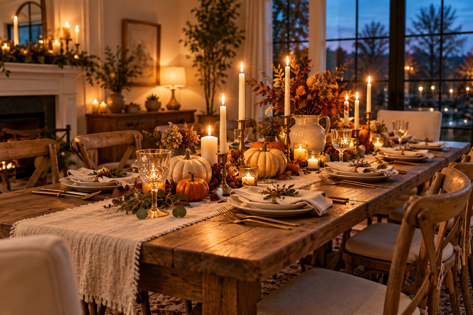 Rustic Thanksgiving table at dusk with linen runner, white plates, mini pumpkins and taper candles