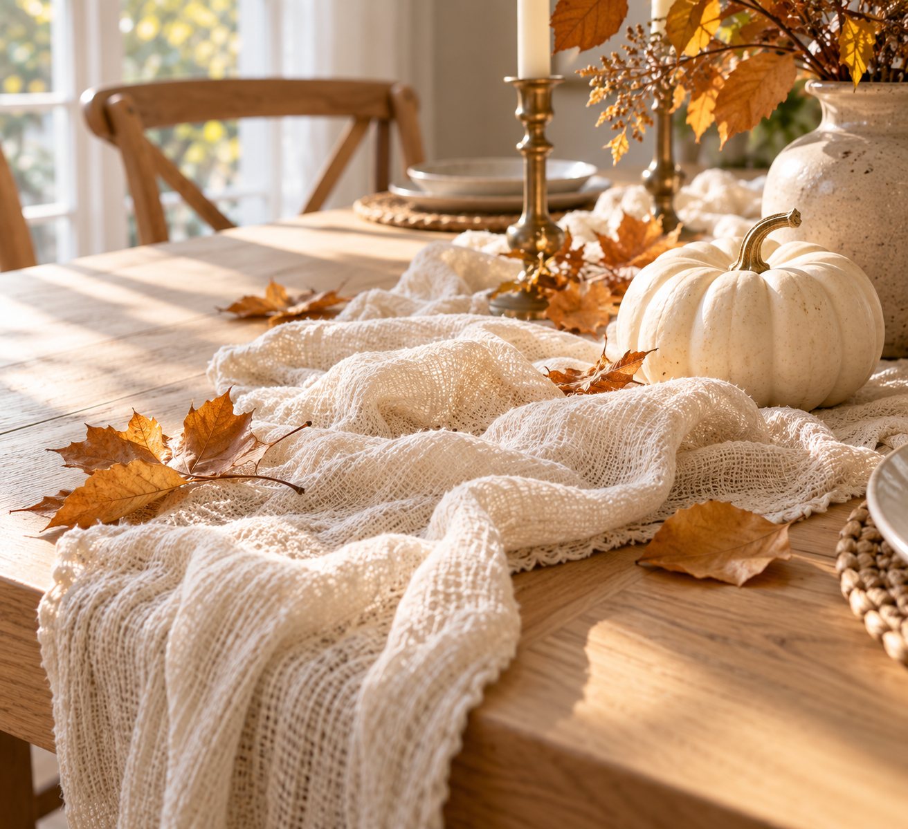 Cheesecloth table runner on a light oak table with golden autumn leaves and a white pumpkin
