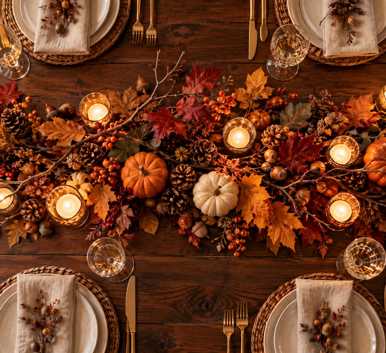 Overhead view of a natural Thanksgiving centerpiece with autumn leaves, pinecones, pumpkins and candles
