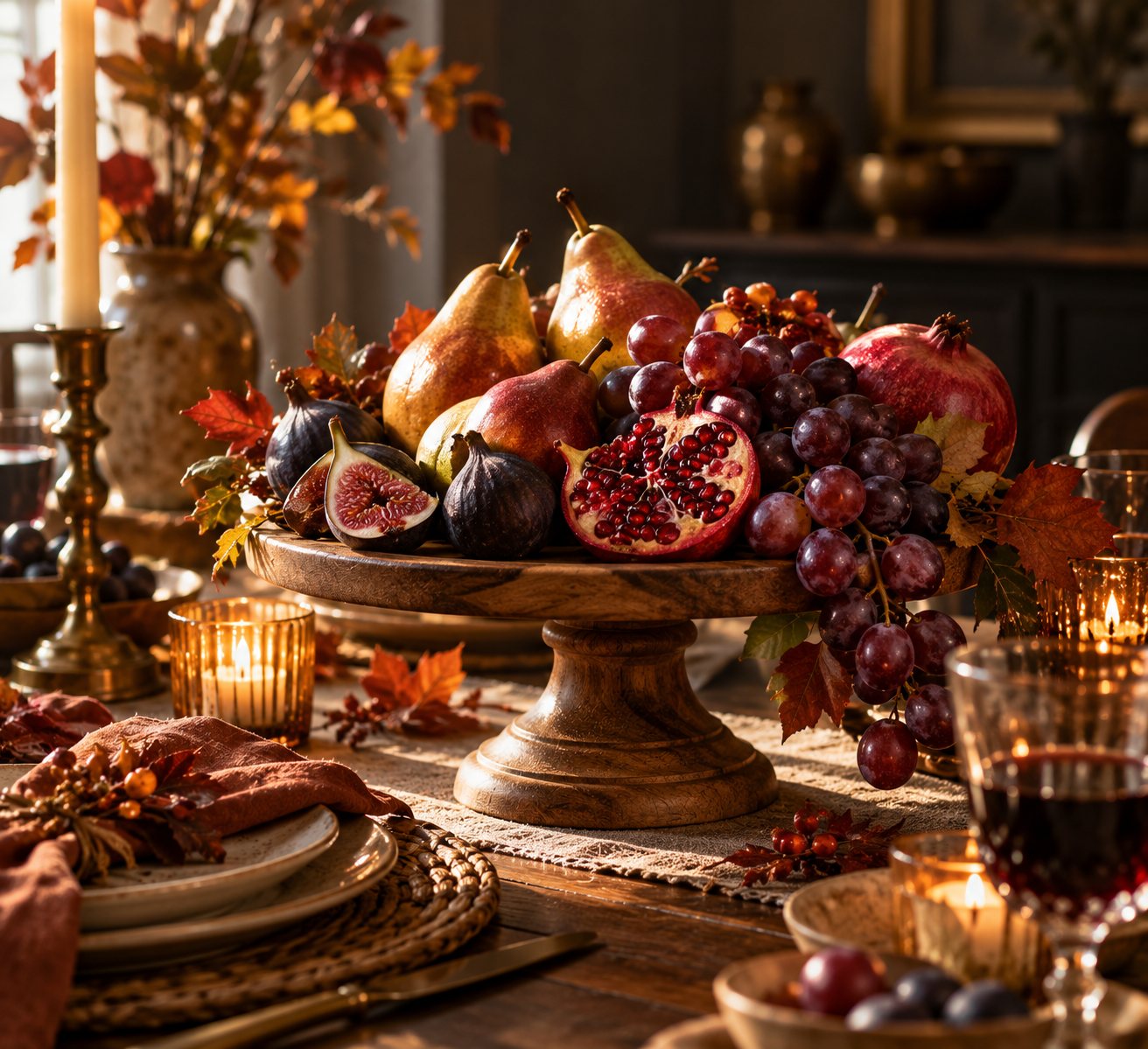Wooden cake stand with pears, pomegranates, grapes and figs on a Thanksgiving table