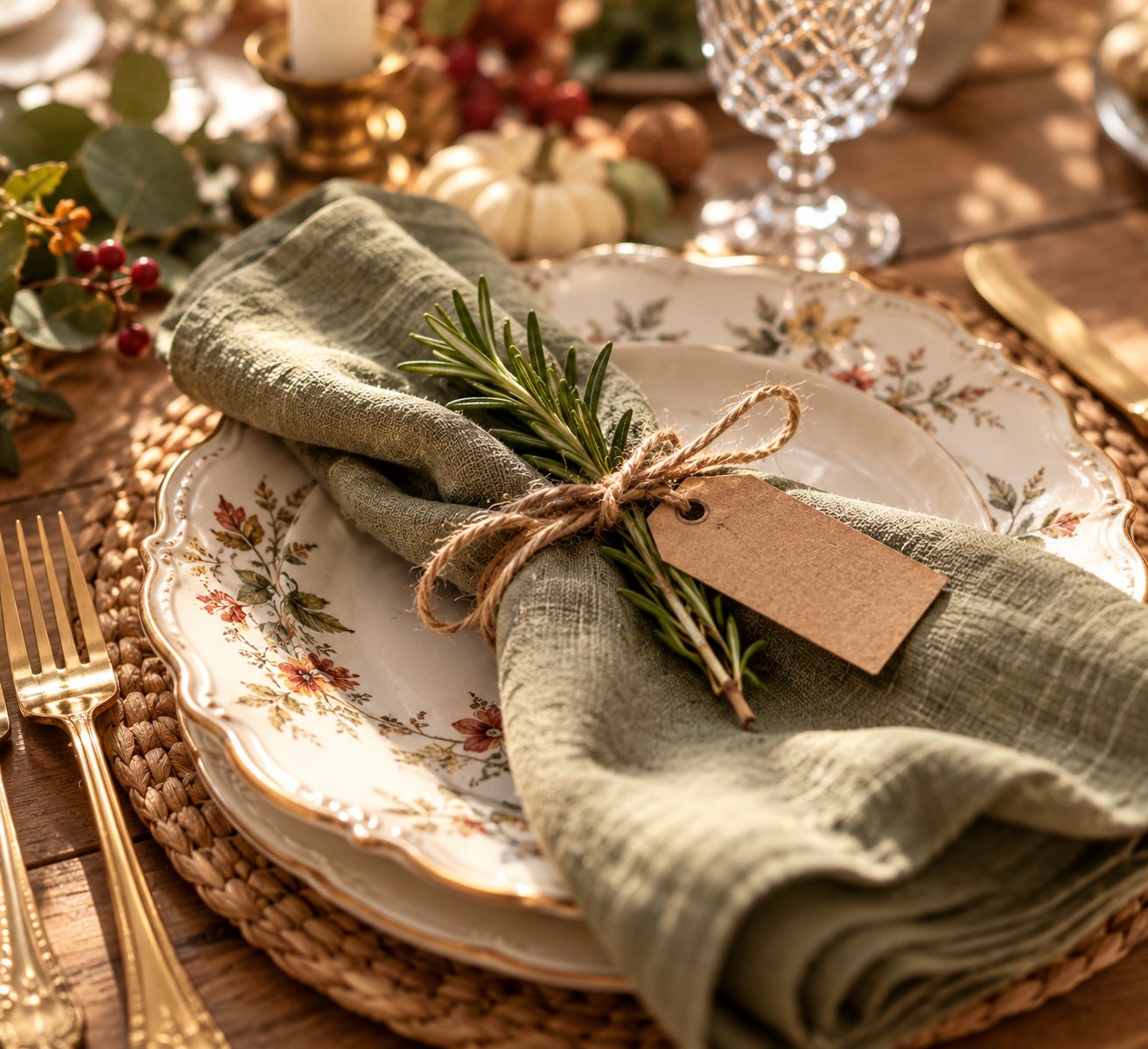 Thanksgiving place setting with a vintage floral plate, sage linen napkin, rosemary sprig and name tag