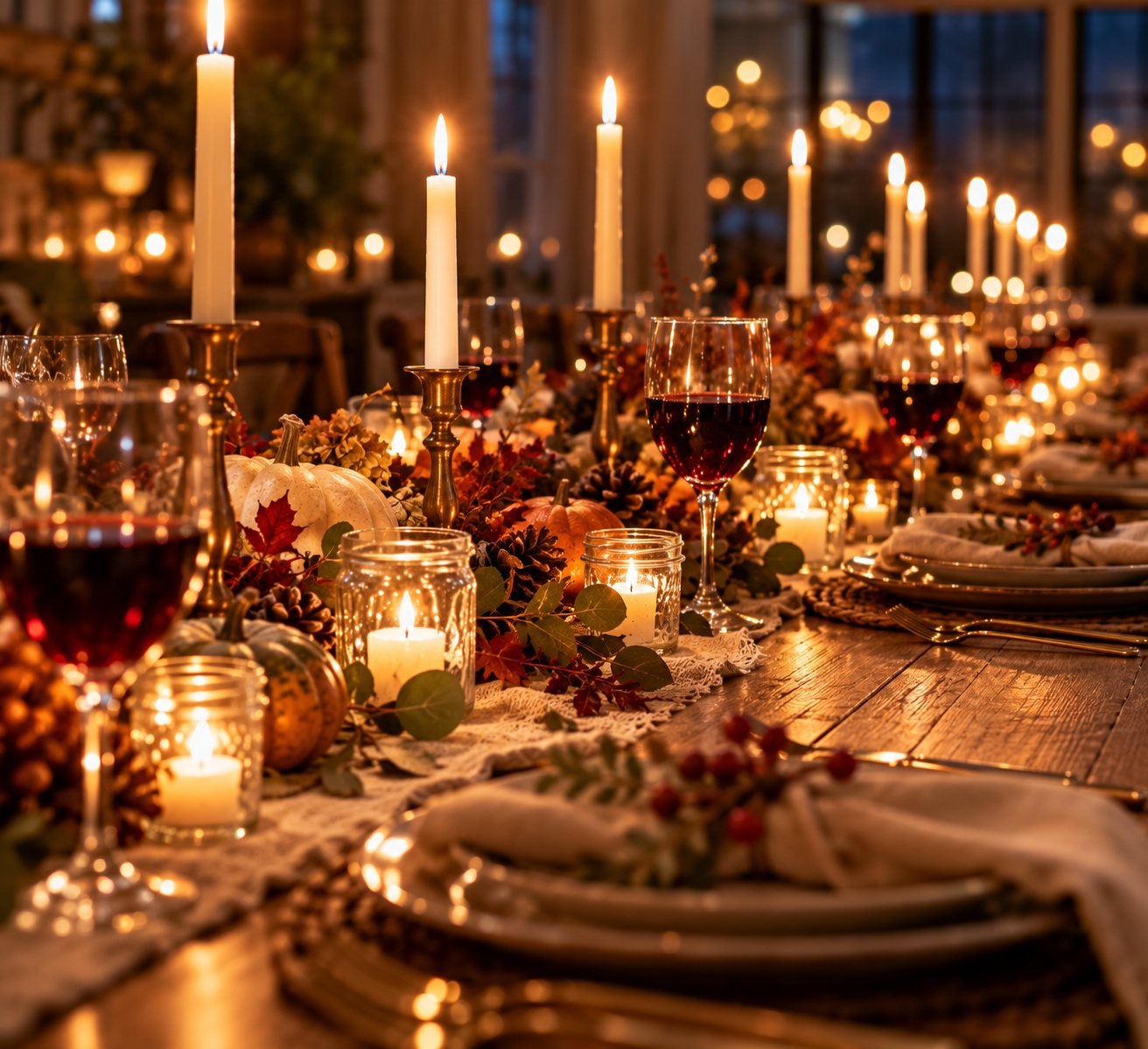 Long Thanksgiving table at night glowing with taper candles and tea lights in jars